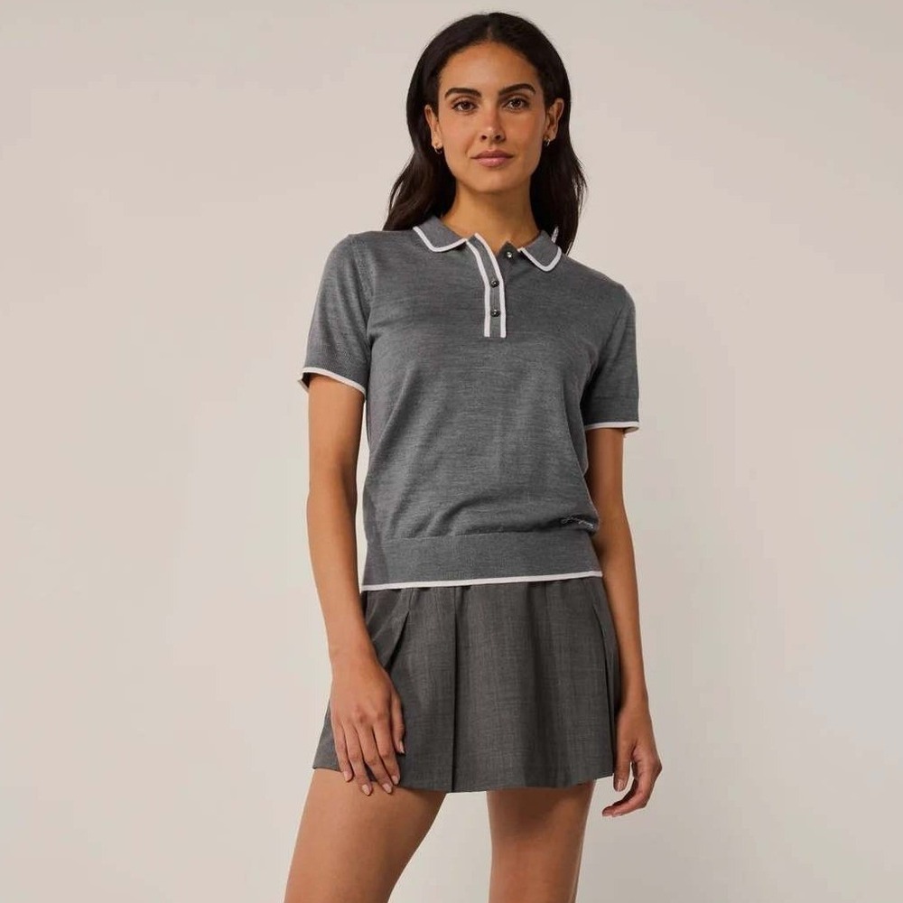 Greyson Leith Merino Script Short Sleeve Sweater Lightweight Wool Silk Polo